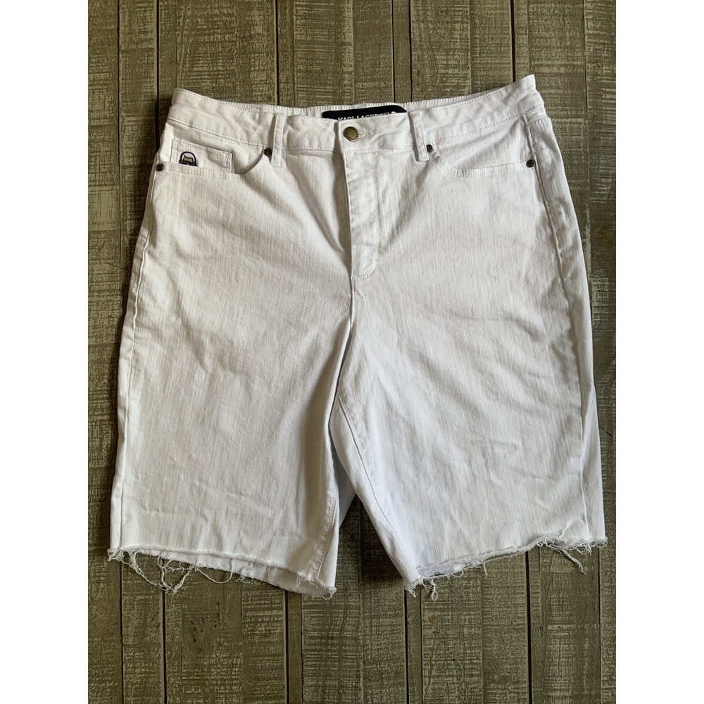 Karl Lagerfeld Paris Women's Logo Raw Hem Denim Shorts Soft White Size 14 (32x9)
